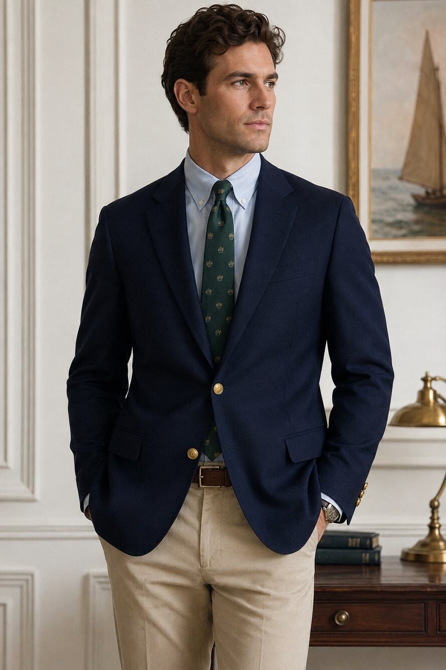 Lands’ End Men’s 38R Navy Blue Wool Blazer Gold Buttons Preppy Trad Ivy League